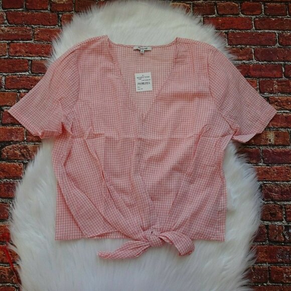 New MADEWELL Novel  Tie Front Top Gingham Check Tie Pink White Light Blossom L - Picture 3 of 12